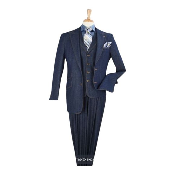 MEN'S ROYAL DIAMOND 3 PIECE BLUE DENIM FASHION SUIT W/ 4 BUTTON VEST. DEN-1. - Picture 2 of 2